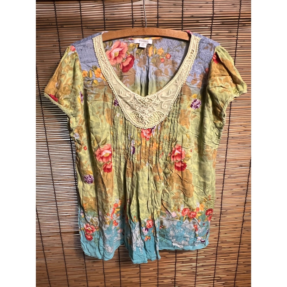 Dressbarn Woman Floral Lace Trim Pintuck Blouse Green Blue 1X